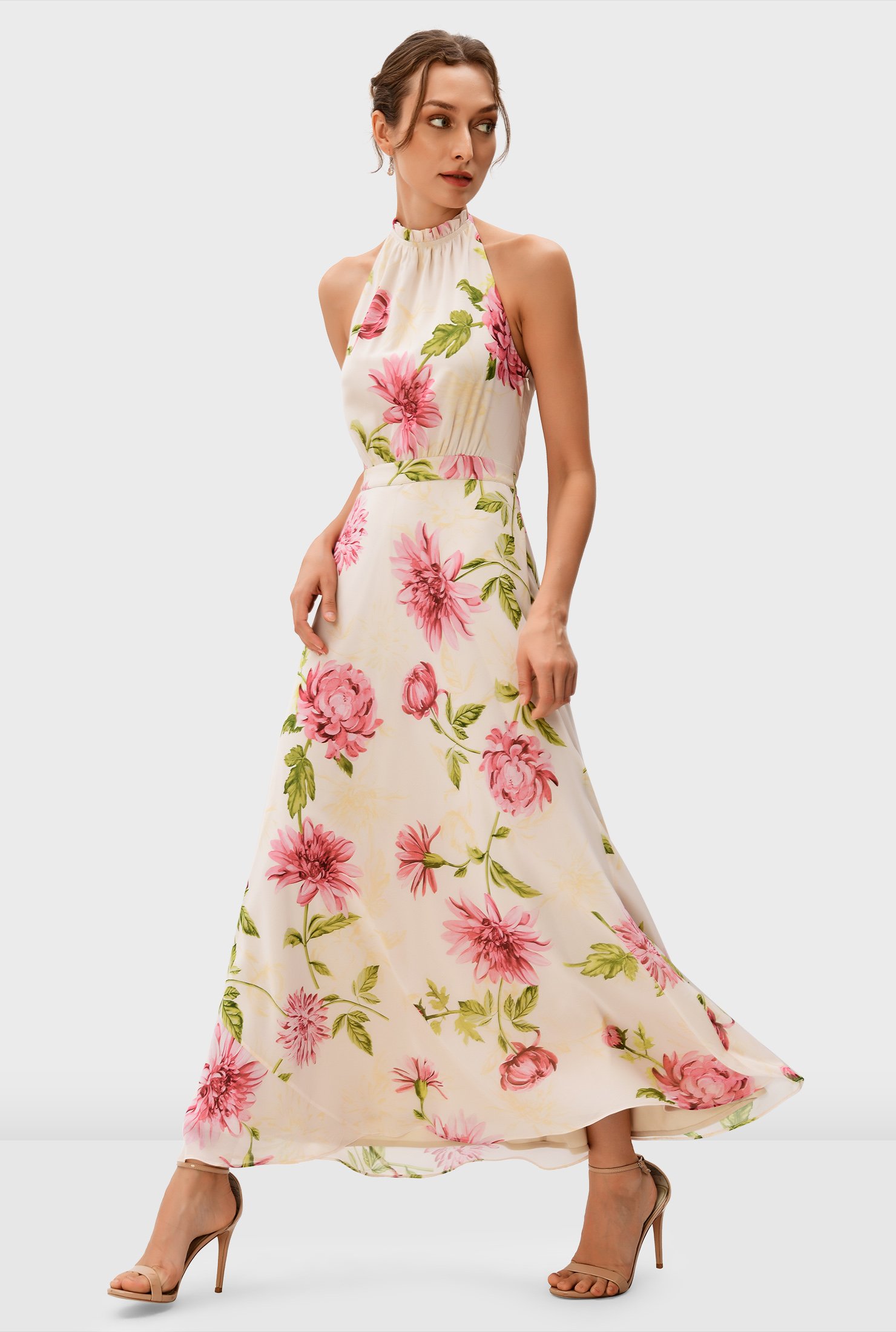 Floral print georgette halter dress