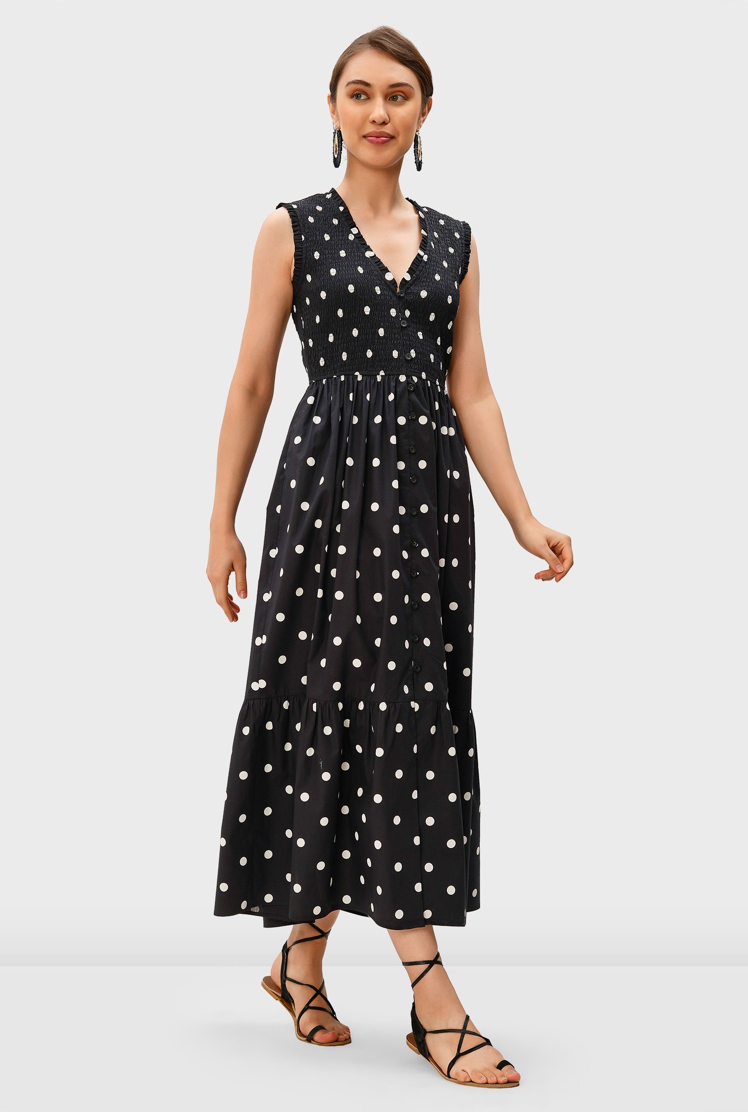 Shop Smocked polka dot print cotton poplin shirtdress | eShakti
