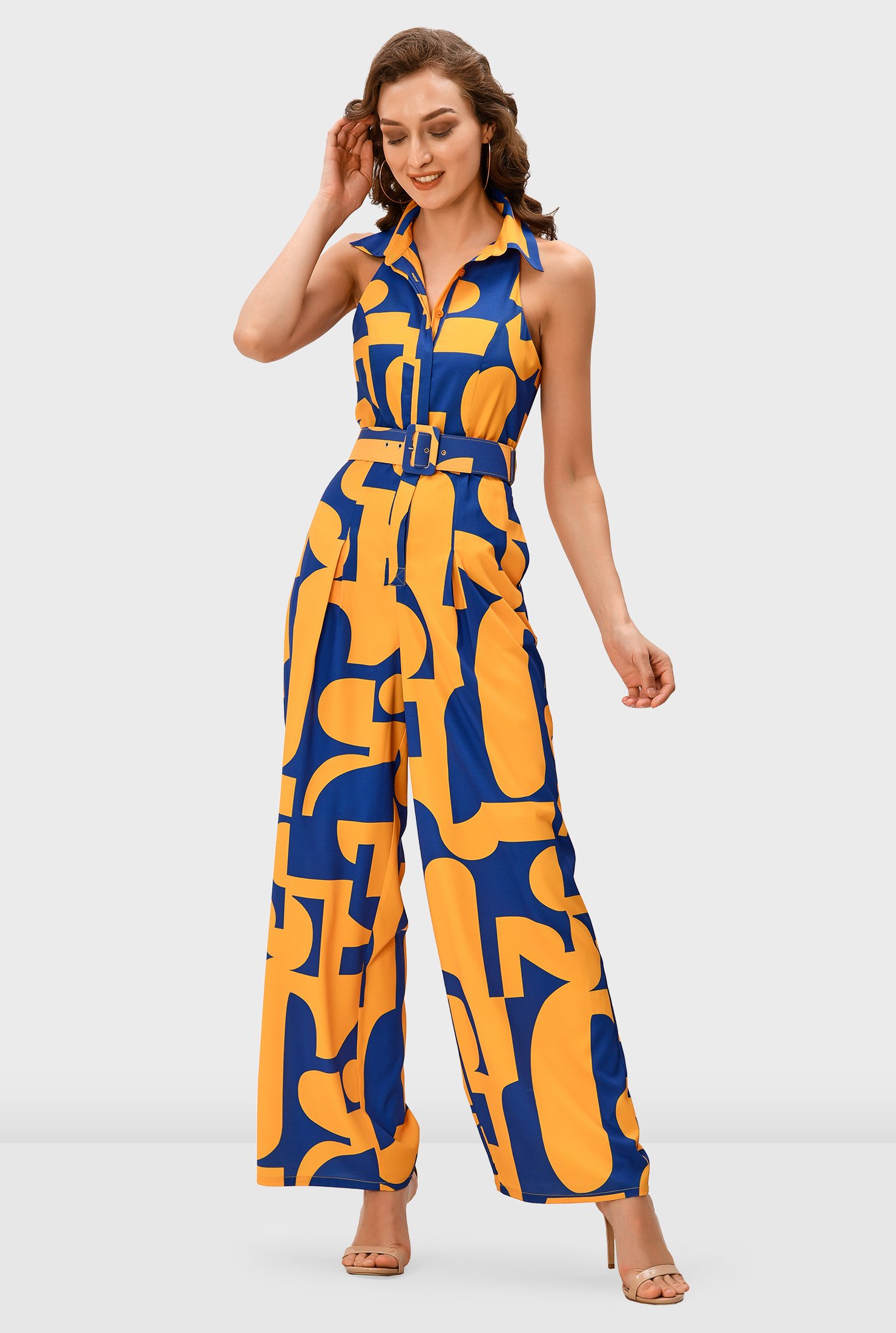 Shop Abstract print crepe belted palazzo jumpsuit | eShakti