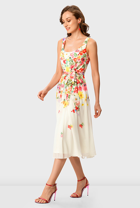Shop Floral print georgette sash tie dress | eShakti