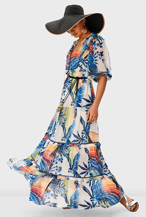 Shop Ruffle floral bird print georgette tiered dress