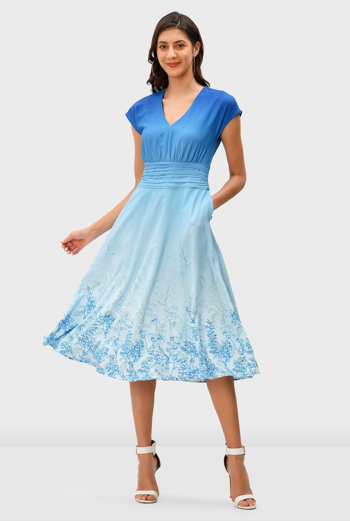 Shop Ombre floral print crepe pleated dress | eShakti
