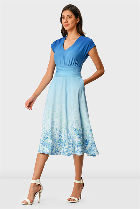 Shop Ombre floral print crepe pleated dress | eShakti