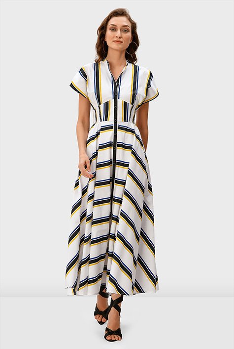 Stripe print cotton poplin banded empire shirtdress