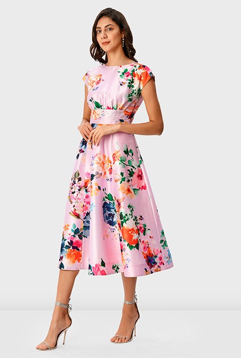 Shop Watercolor floral print dupioni pleated empire dress | eShakti
