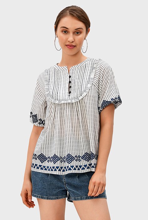 Graphic embroidery stripe cotton voile top