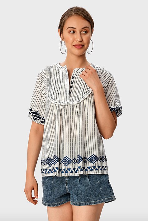 Graphic embroidery stripe cotton voile top