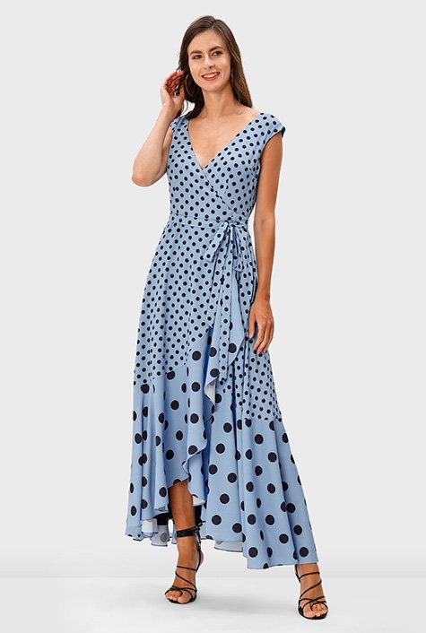 Mixed polka dot print crepe wrap dress