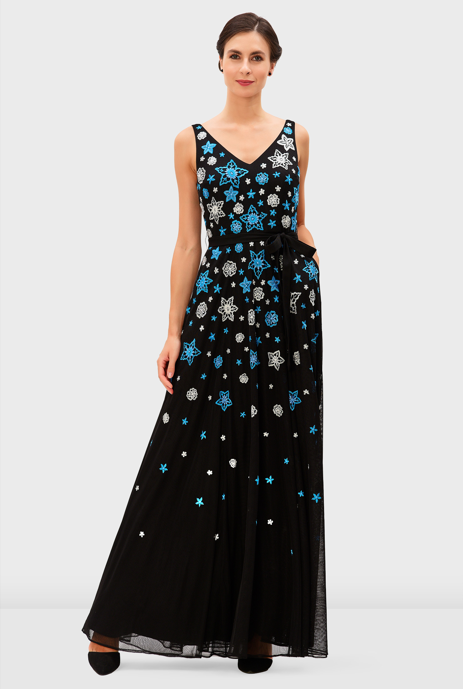 Shop Floral embroidery tulle maxi dress | eShakti shop-floral-embroidery-tulle-maxi-dress-eshakti