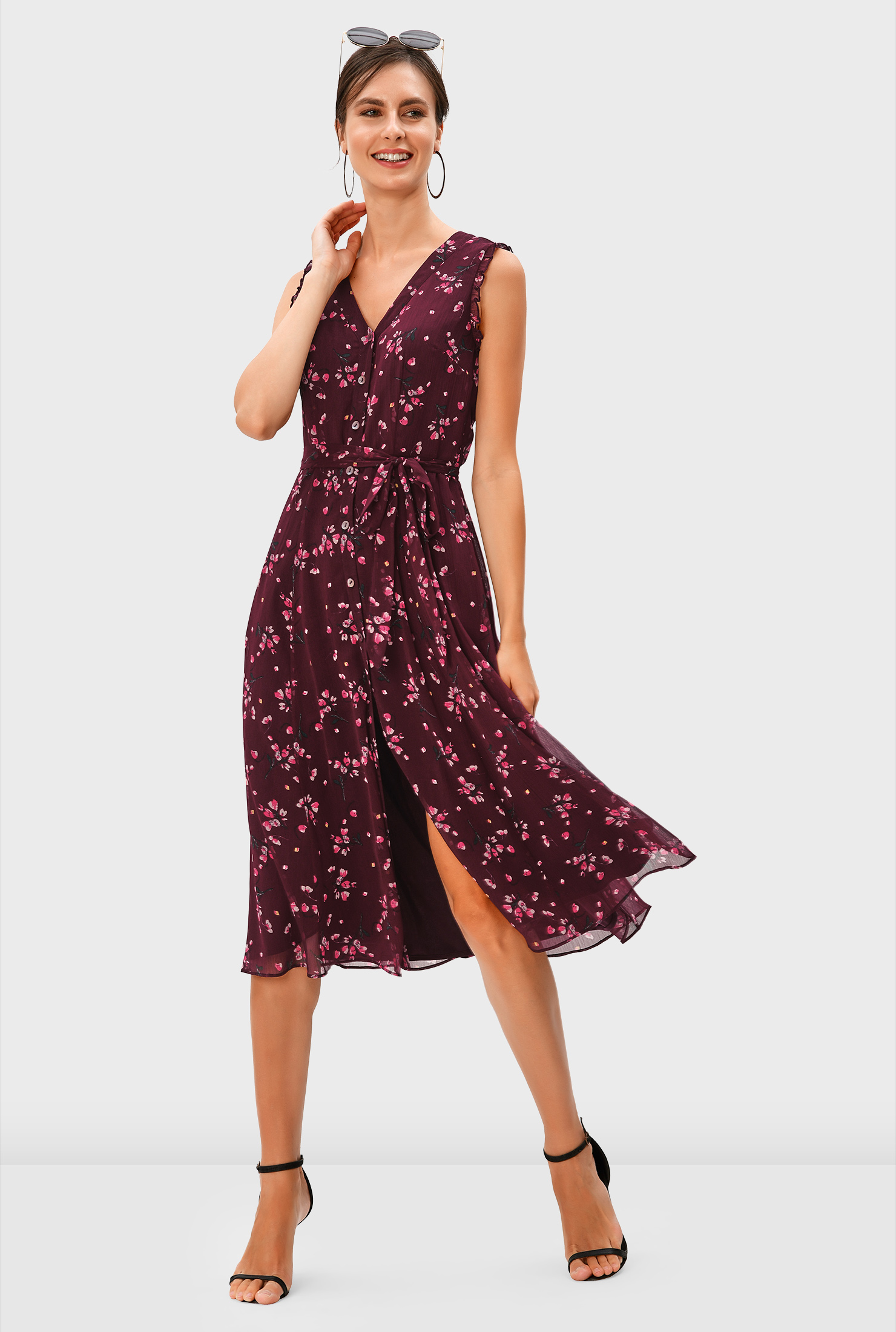 Shop Floral print chiffon sash tie dress eShakti
