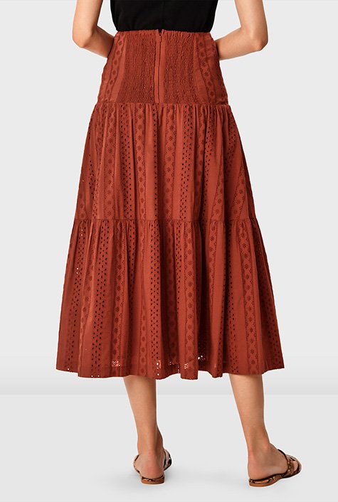 Leaf embroidery eyelet cotton tiered skirt