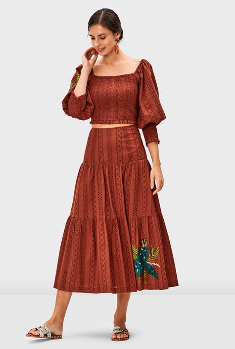 Leaf embroidery eyelet cotton tiered skirt