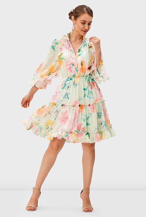 Pintucked tiered floral-print cotton-poplin midi dress