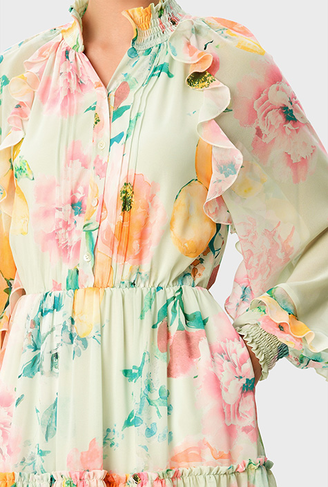 Shop Ruffle trim lemon floral print georgette tiered dress