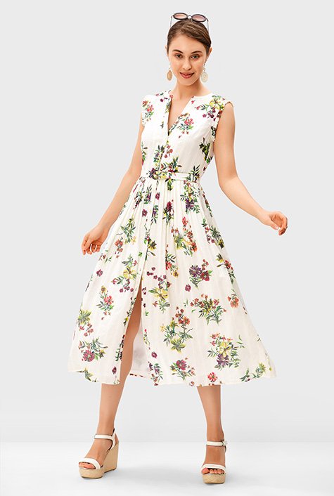 Floral print lurex stripe cotton belted dress