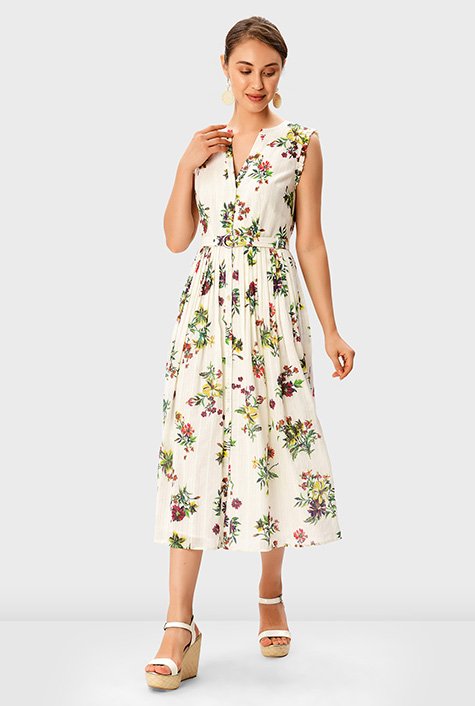 Floral print lurex stripe cotton belted dress