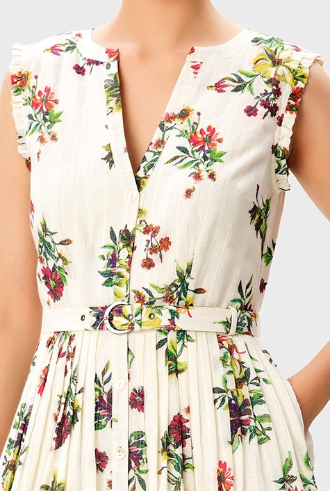 Floral print lurex stripe cotton belted dress