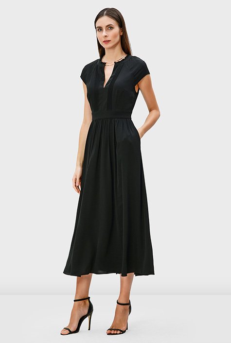 Pintuck pleat twill crepe dress