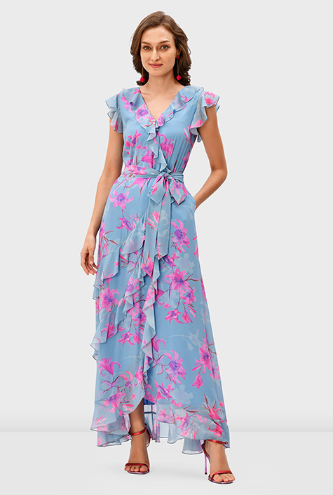 Shop Watercolor floral print georgette ruffle maxi dress eShakti