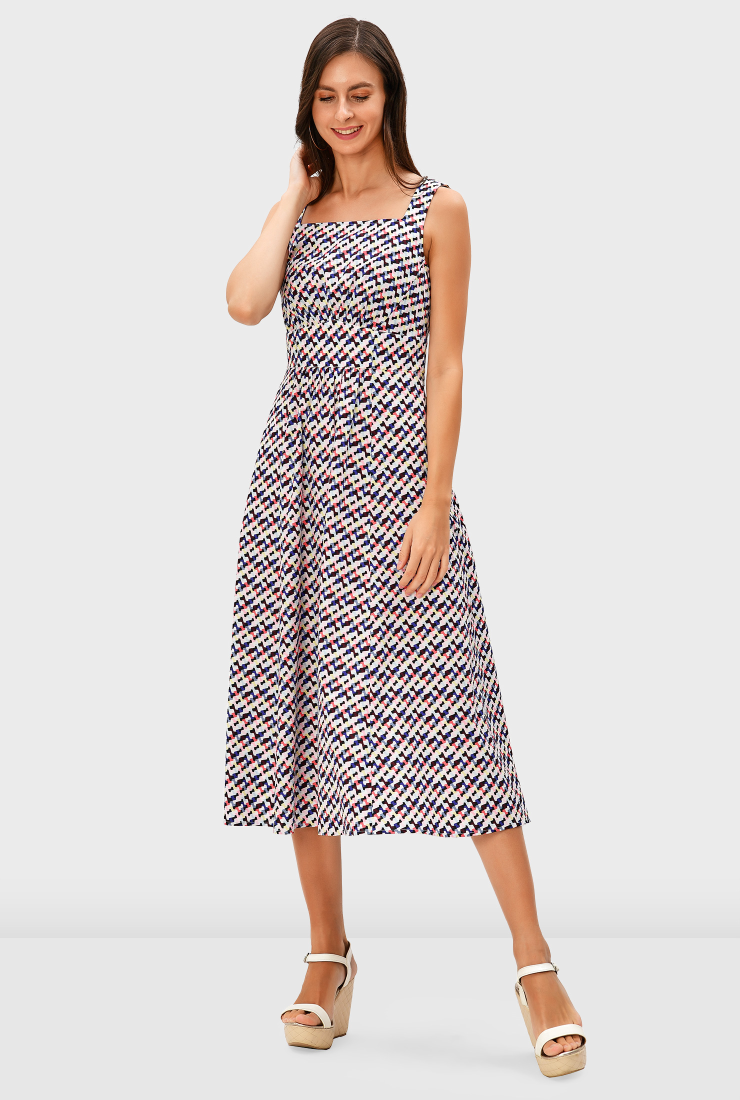 Shop Banded empire graphic print cotton poplin dress eShakti