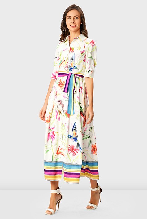 Floral bird print crepe sash-tie shirtdress