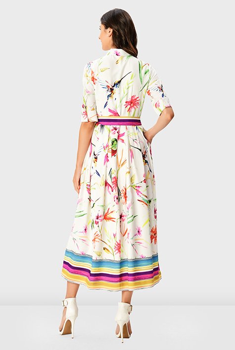 Floral bird print crepe sash-tie shirtdress