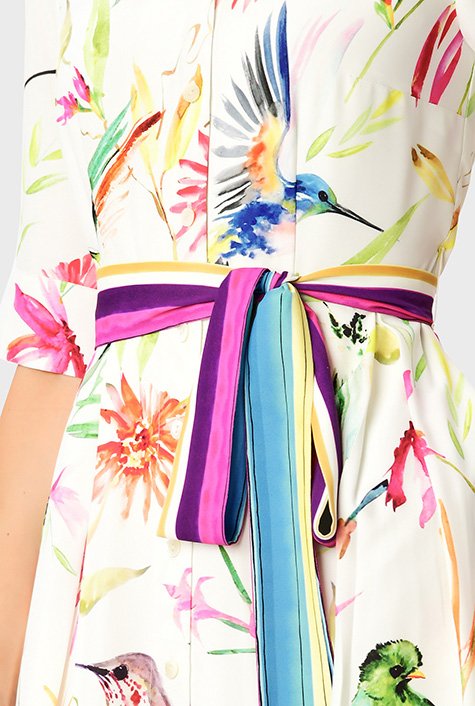 Floral bird print crepe sash-tie shirtdress
