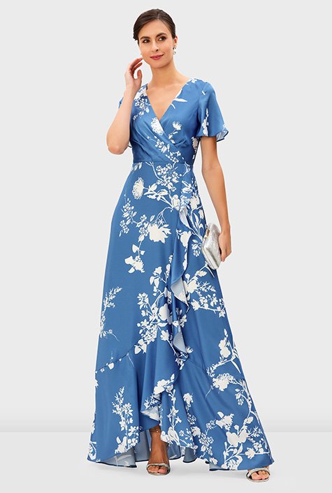 Shop Floral print faux-wrap satin dress | eShakti