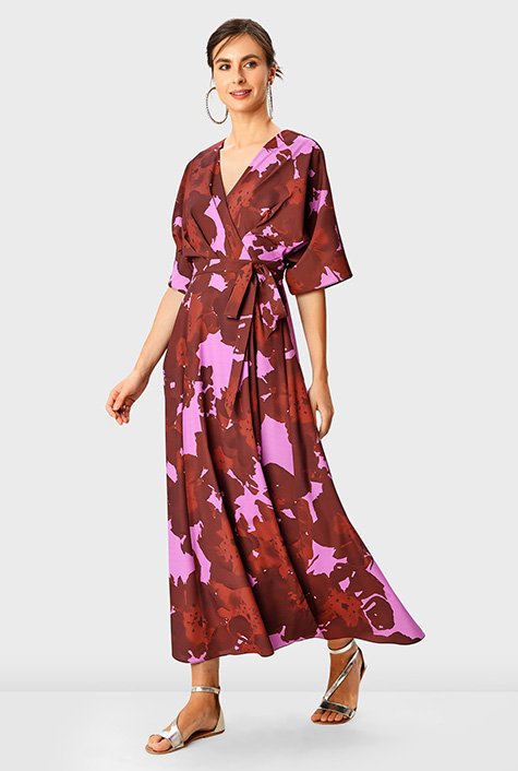 Dolman sleeve floral print crepe wrap dress