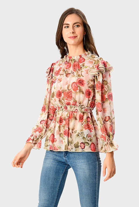 Shop Ruffle rose print georgette peplum blouse | eShakti
