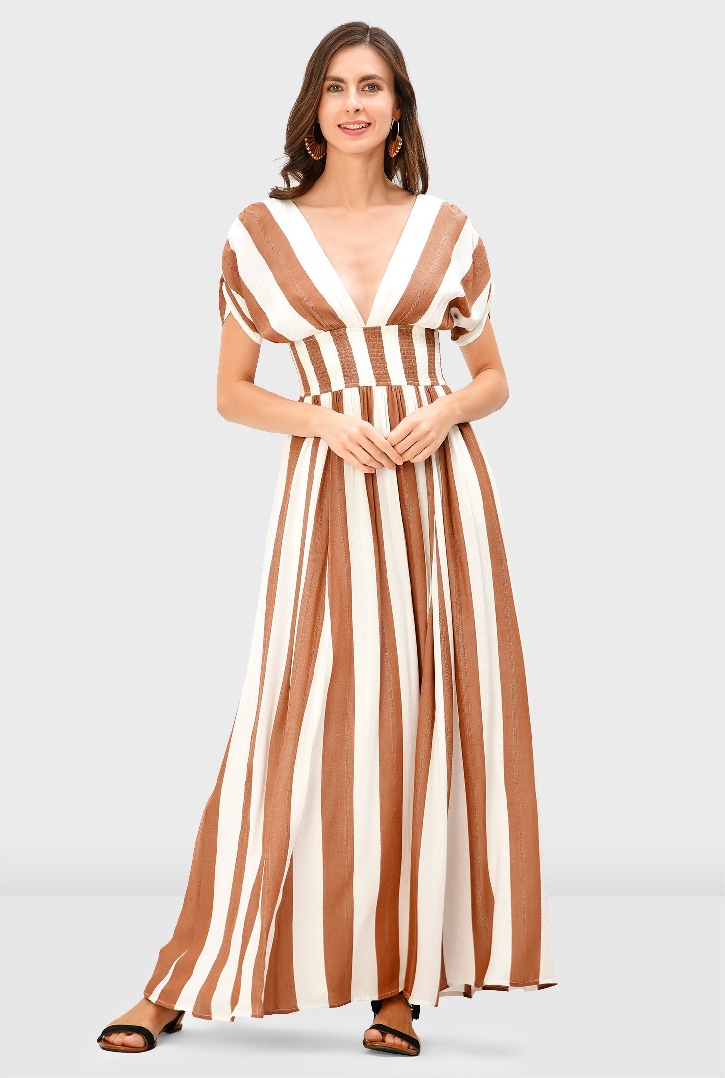 Shop Dobby stripe cotton smocked waist maxi dress | eShakti