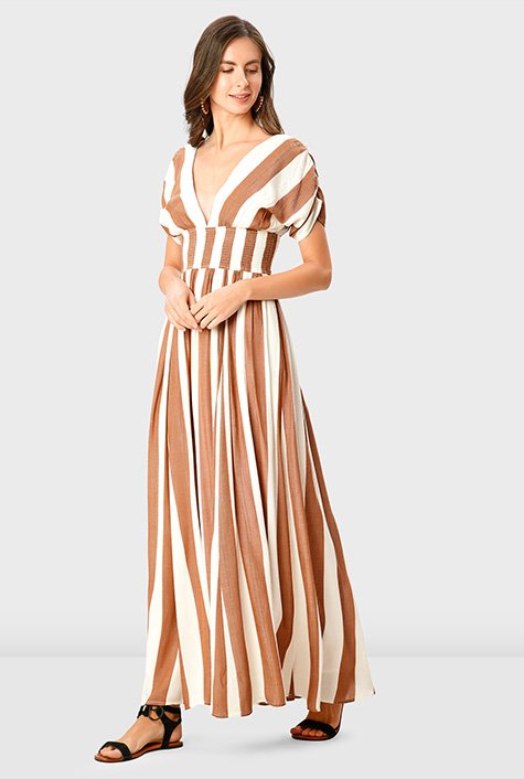 Dobby stripe cotton smocked waist maxi dress