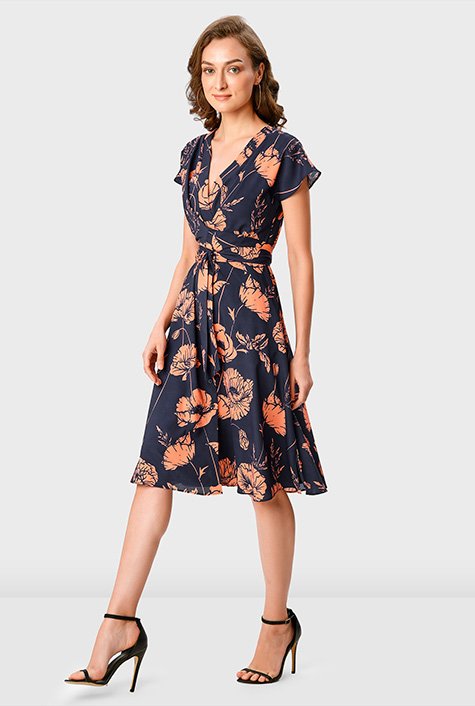 Shop Tie waist floral print crepe vented dress | eShakti