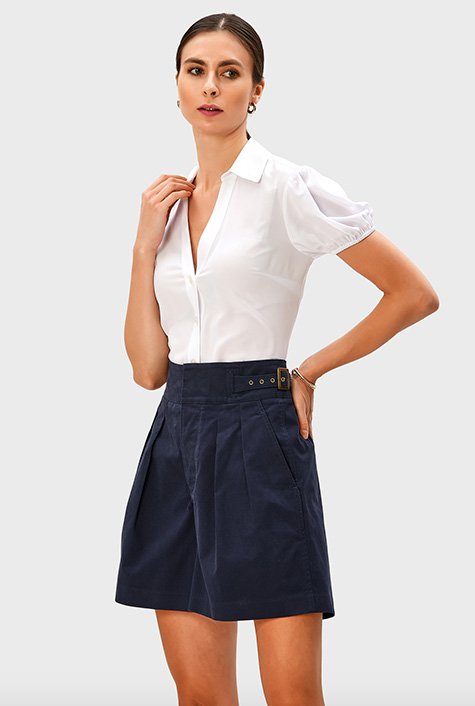 Shop Buckle tab stretch cotton twill pleated shorts