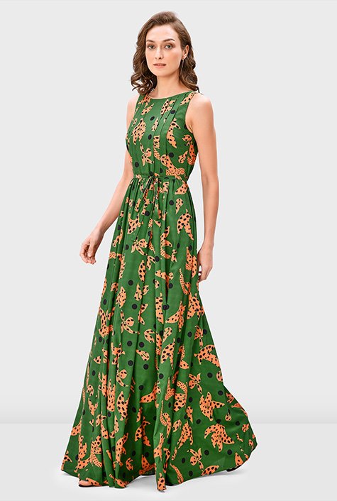 Shop Pleat front floral dot print crepe maxi dress | eShakti
