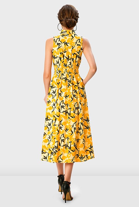 Shop Button tab waist lemon print shirt dress eShakti