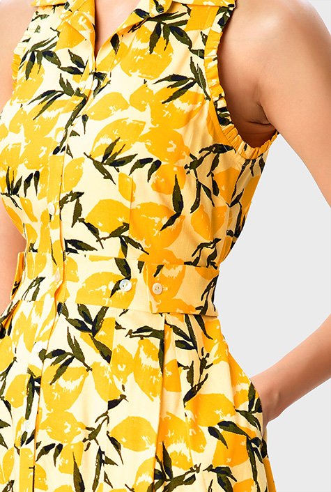 Shop Button tab waist lemon print shirt dress | eShakti