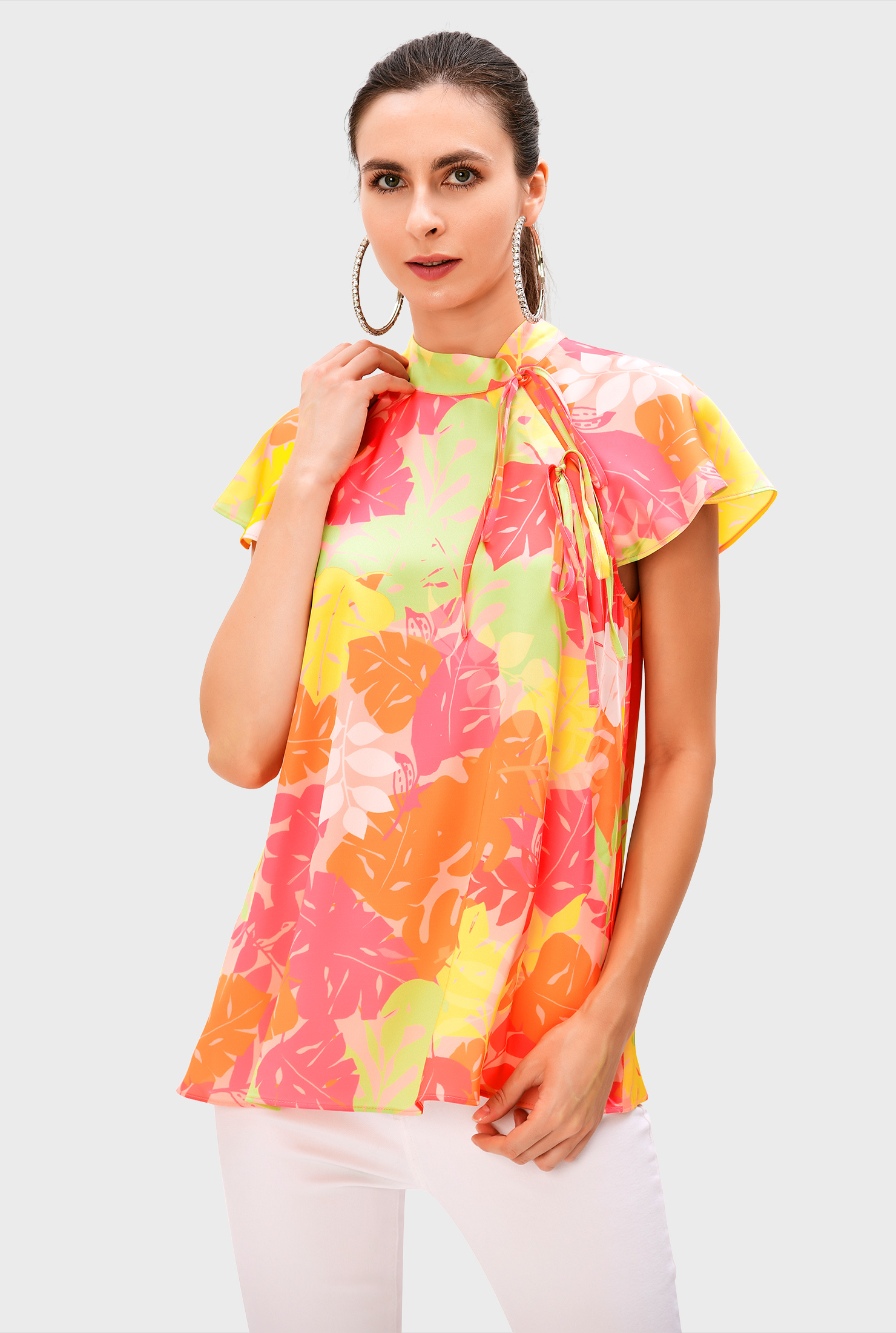 Shop Ribbon tie neck floral print satin top eShakti