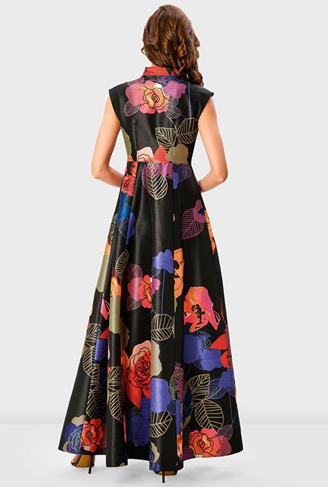 Shop Zip front floral print dupioni empire maxi dress | eShakti