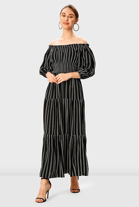 Shop Off-the-shoulder stripe print smocked waist dress | eShakti