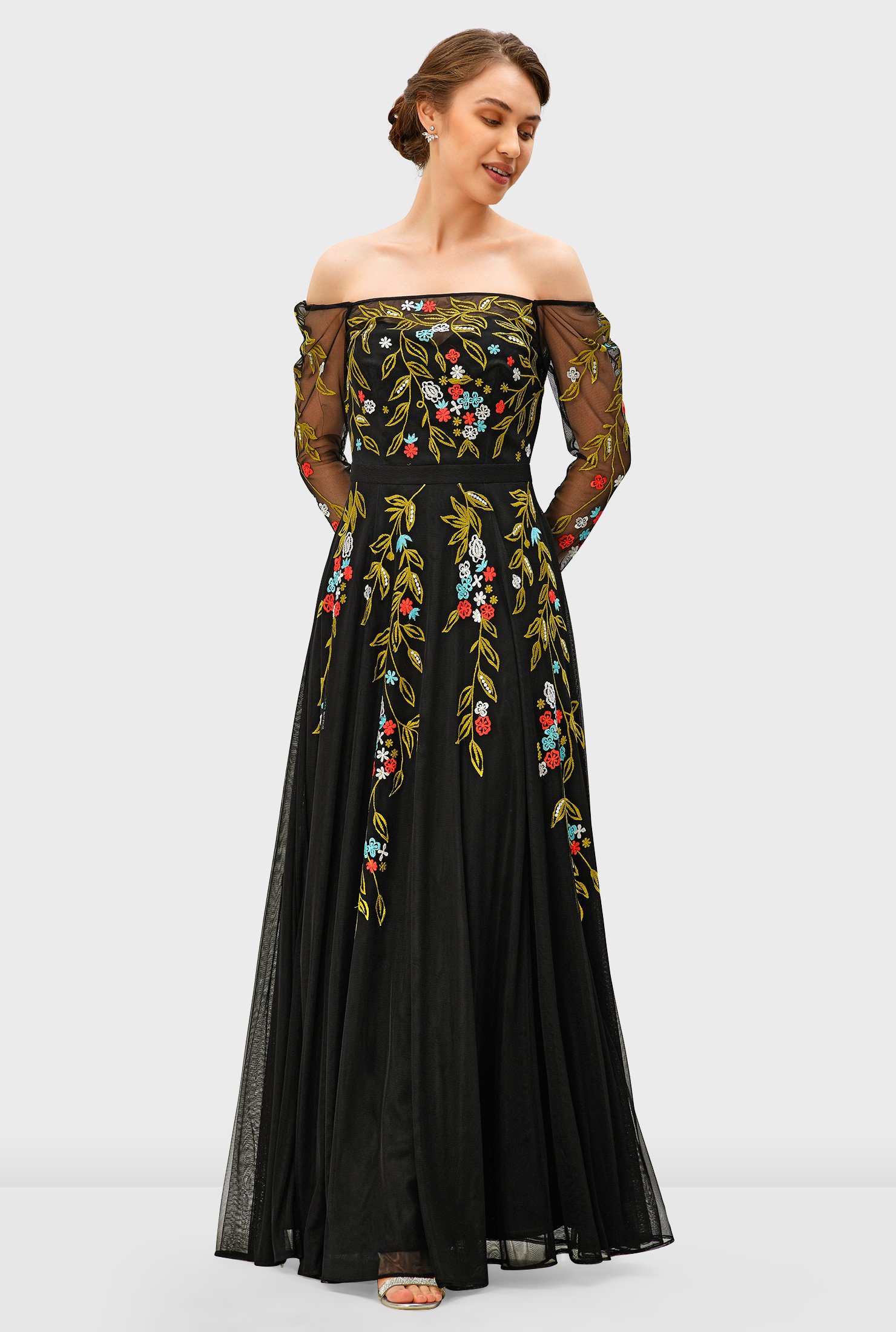 Shop Off-the-shoulder floral embroidery illusion tulle dress | eShakti