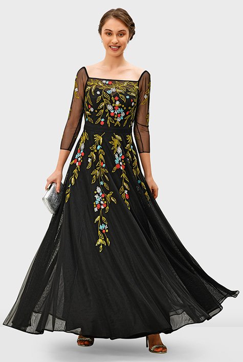 Shop Off-the-shoulder floral embroidery illusion tulle dress | eShakti
