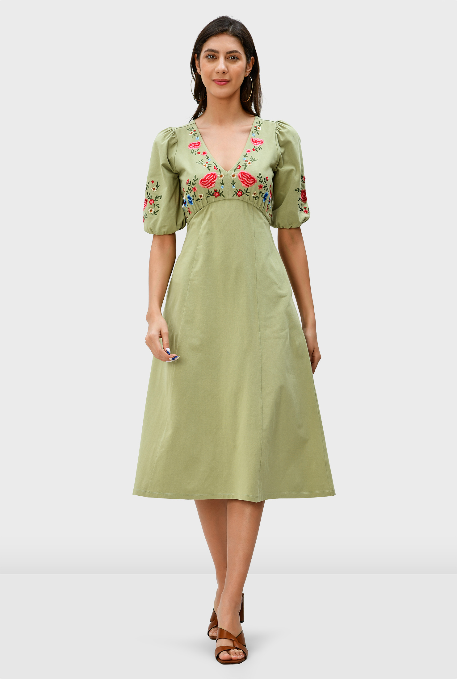 Shop Floral embroidery cotton jersey empire dress eShakti