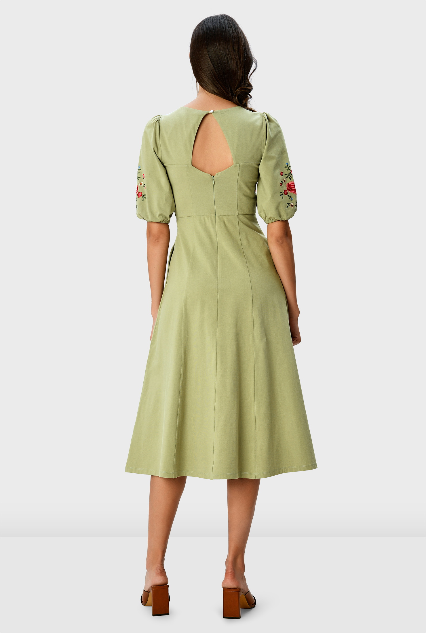 Shop Floral embroidery cotton jersey empire dress eShakti