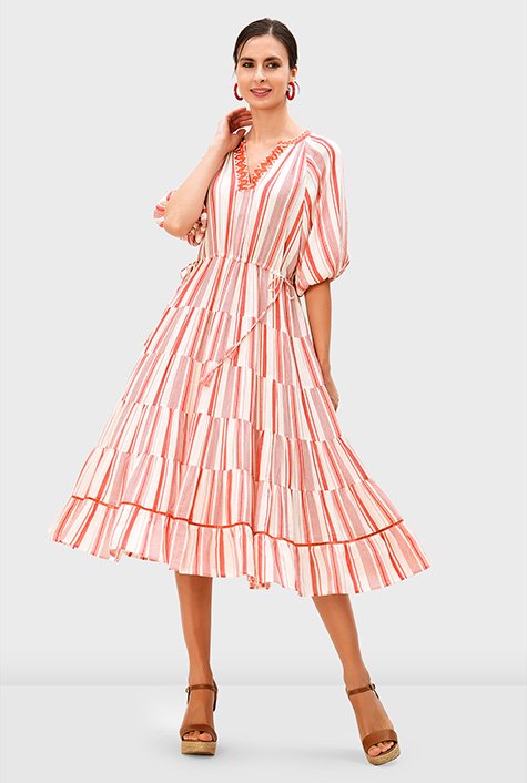 Graphic embroidery stripe cotton drawstring waist dress