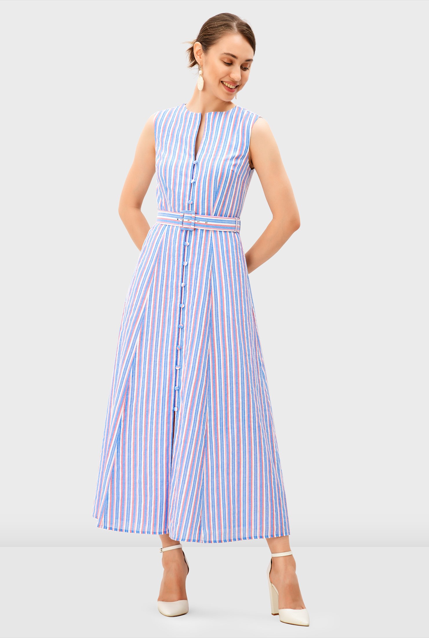 Shop Seersucker Stripe Cotton Belted Shirtdress Eshakti