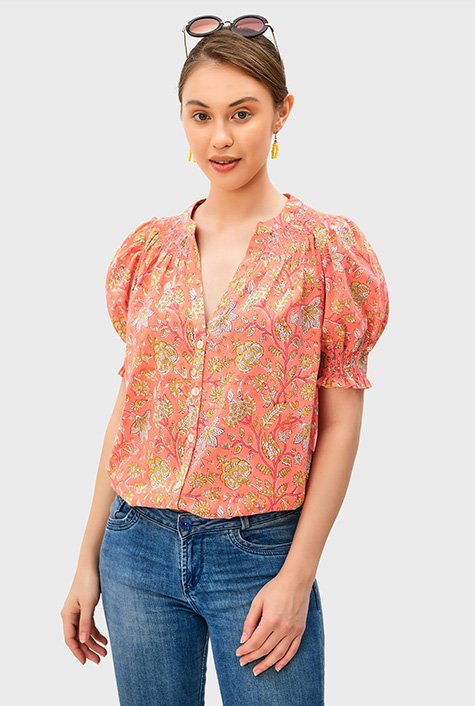 Puff sleeve floral hand block print cotton smocked top