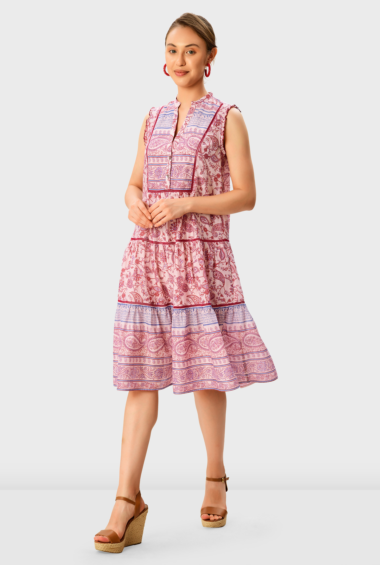 Shop Floral paisley print cotton voile lace trim tier dress eShakti