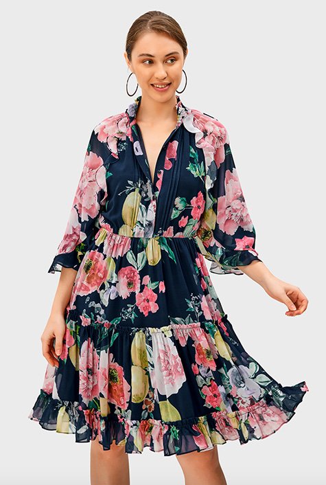 Floral print georgette tiered shirtdress