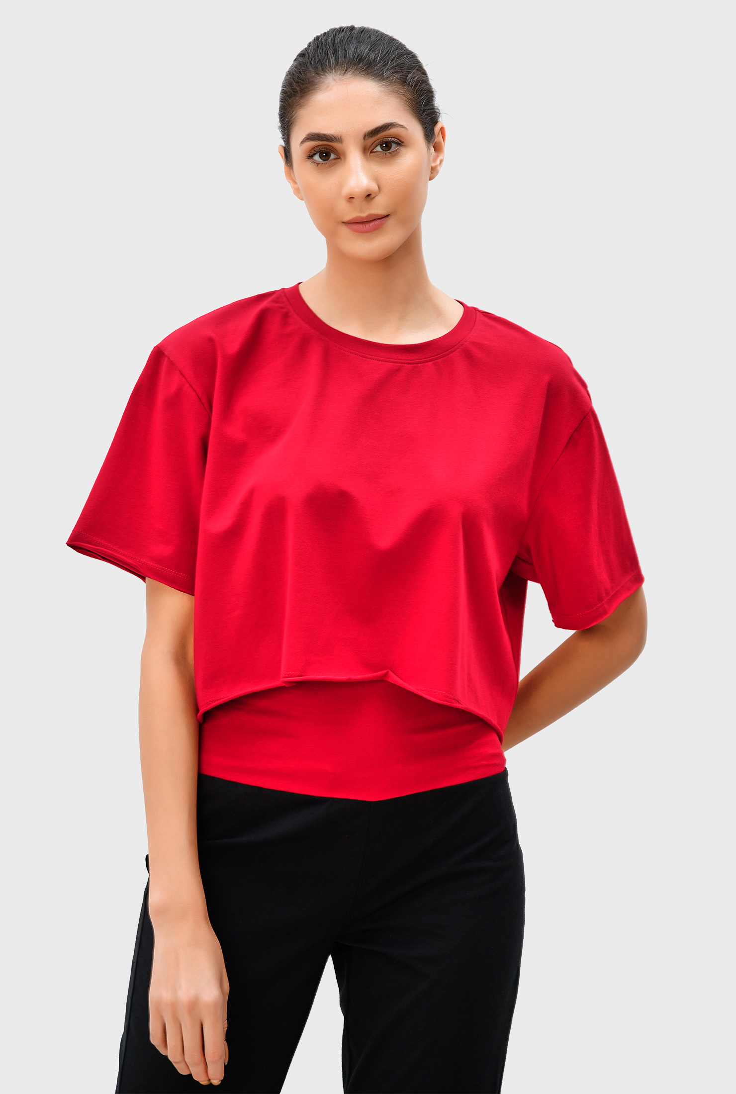 Shop Cotton jersey crop top and banded high waist pant set eShakti